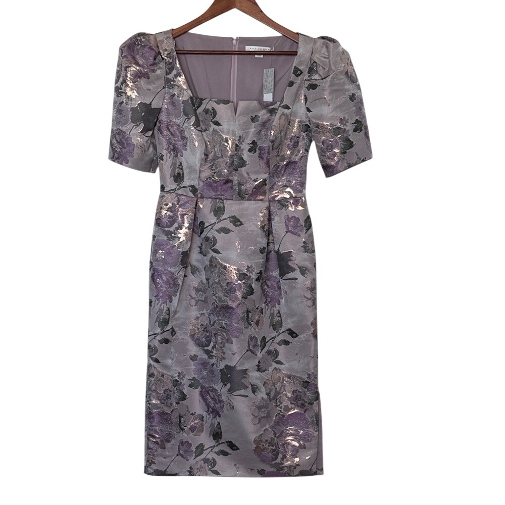 Kay Unger Metallic Floral Sheath Midi Dress Purple Gold Square Neck Size 6 Nwt